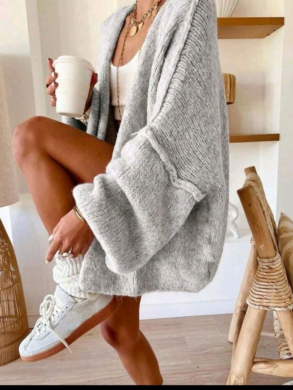 Cozy Oversized Light Gray Knit Cardigan Sweater